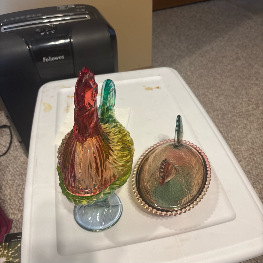 Glass Rooster 11 in Figurine & chicken 7 in on a beaded nest red / green storage - Picture 11 of 11